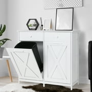 Arlopu Double Tilt Out Trash Cabinet, 2 x 10 Gallon Freestanding Garbage Bin Holder Wooden Laundry Sorter Cabinet with Drawer for Kitchen, Living Room